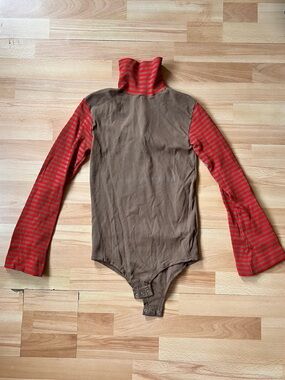 Vintage 70s Tan Bodysuit with vibrant Red Striped Sleeves